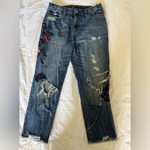 Abercrombie & Fitch Distressed Blue Boyfriend Jeans with Rose Embroidery